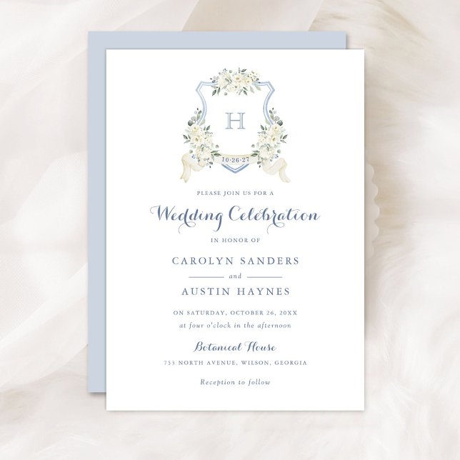 Convites Dusty Blue Floral Greenery Monogram Crest Wedding (Criador carregado)