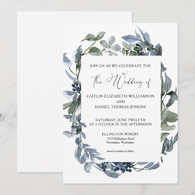 Convites Dusty Blue Floral Greenery Wreath Casamento (Frente/Verso)