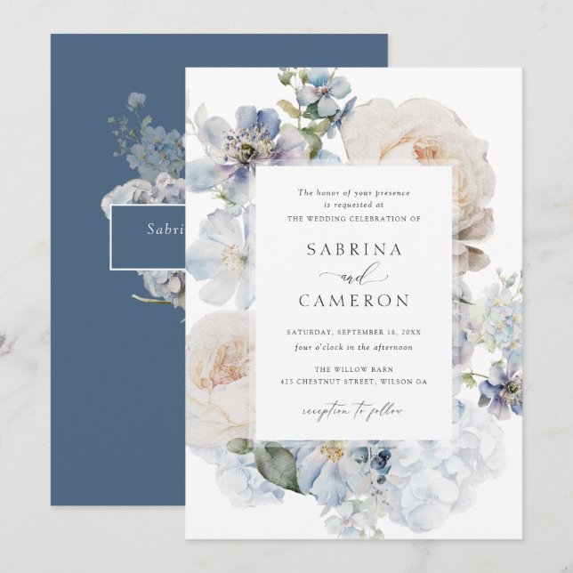 Convites Dusty Blue Floral Hydrangea Rosas Casamento (Frente/Verso)