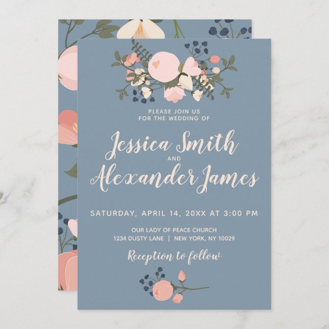 Convites Dusty Blue Floral Invitation Blush Pink (Frente/Verso)