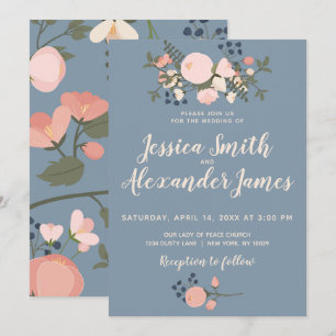 Convites Dusty Blue Floral Invitation Blush Pink