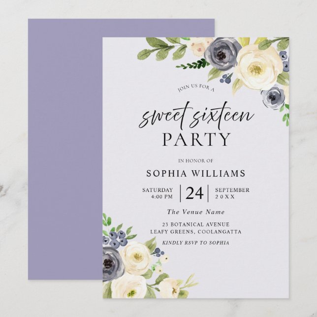 Convites Dusty Blue Floral Marinho Doce Festa 16 (Frente/Verso)