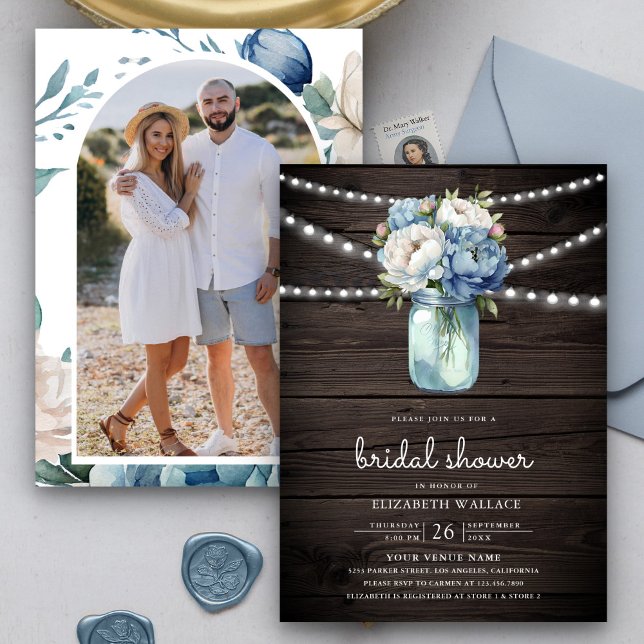 Convites Dusty Blue Floral Mason Jar Chá de panela de madei (Criador carregado)