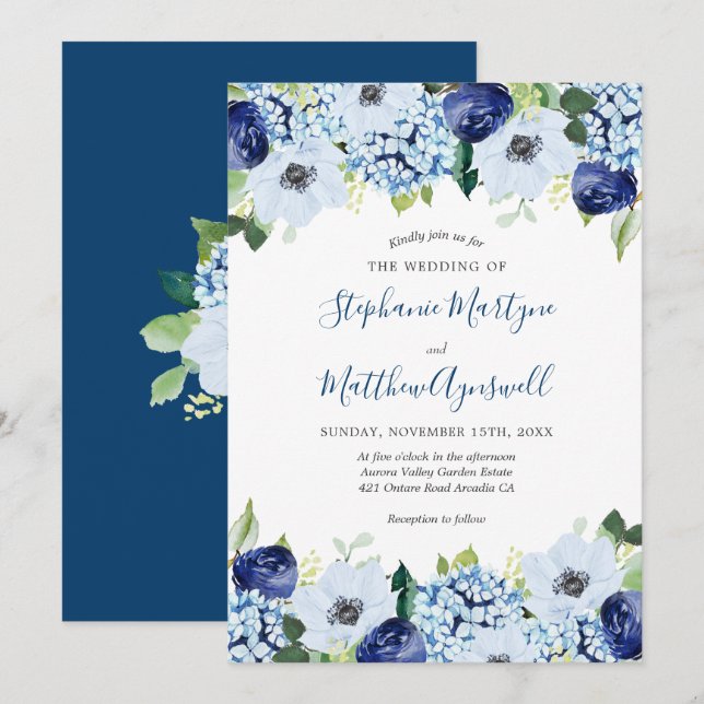 Convites Dusty Blue Floral Modern Watercolor Casamento (Frente/Verso)