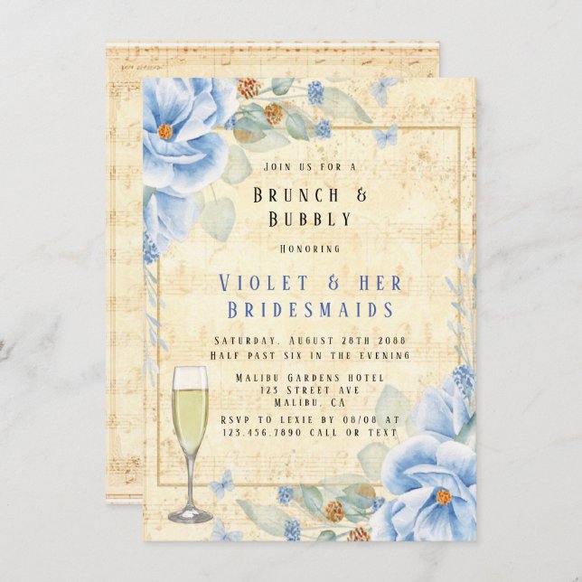 Convites Dusty Blue Floral Musical Brunch e Bubble (Frente/Verso)