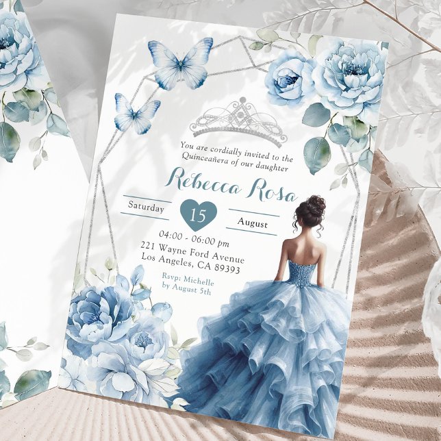 Convites Dusty Blue Floral Princesa Mexicana Quinceañera (Criador carregado)
