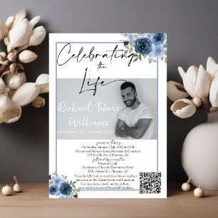 Convites Dusty Blue Floral QR Code Memorial Foto Funeral