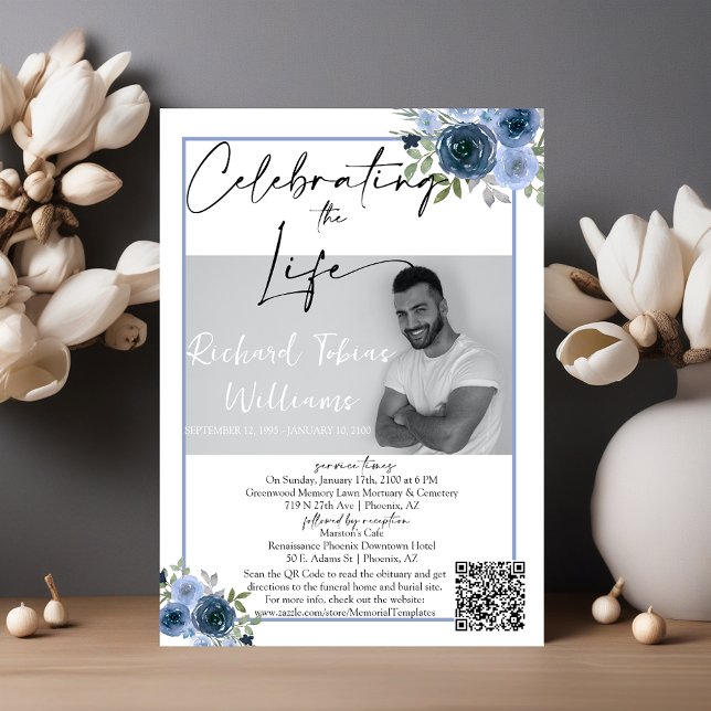Convites Dusty Blue Floral QR Code Memorial Foto Funeral (Criador carregado)