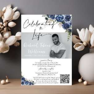 Convites Dusty Blue Floral QR Code Memorial Foto Funeral