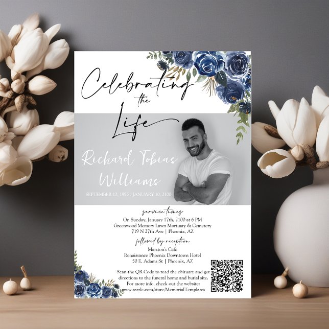 Convites Dusty Blue Floral QR Code Memorial Foto Funeral (Criador carregado)