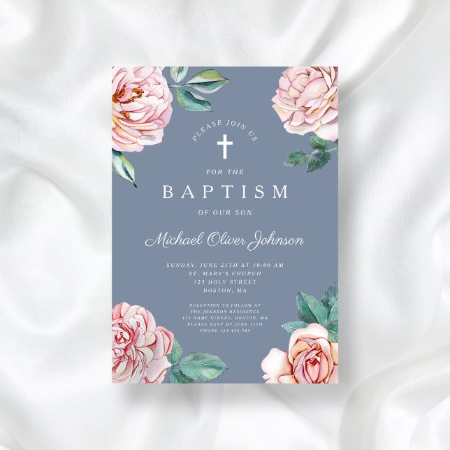 Convites Dusty Blue Floral Religioso Cross Boy Baptism (Dusty Blue Floral Religious Cross Boy Baptism Invitation)