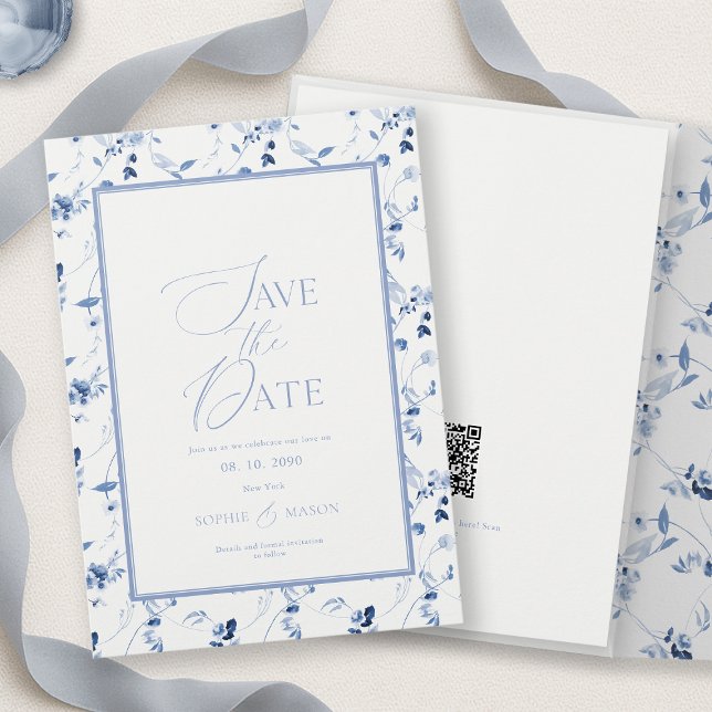 Convites Dusty Blue Floral Save the Date Card (Criador carregado)