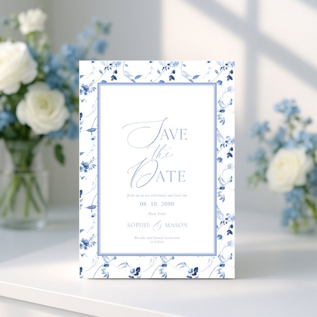 Convites Dusty Blue Floral Save the Date Card (Criador carregado)