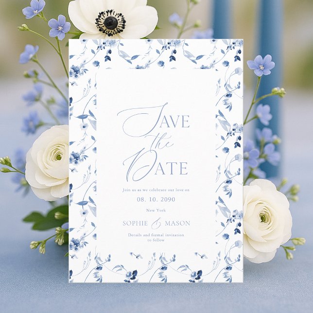 Convites Dusty Blue Floral Save the Date Card (Criador carregado)