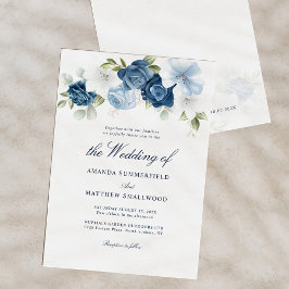 Convites Dusty Blue Floral Script Elegant Wedding
