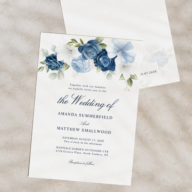 Convites Dusty Blue Floral Script Elegant Wedding (Watercolor Dusty Blue Floral Script Wedding Invitation)