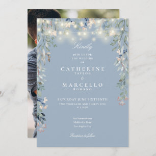 Convites Dusty Blue Floral String Lights Foto de Casamento
