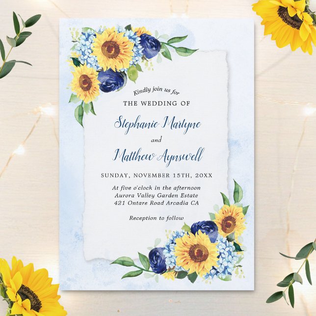 Convites Dusty Blue Floral Sunflower Watercolor Casamento (Criador carregado)