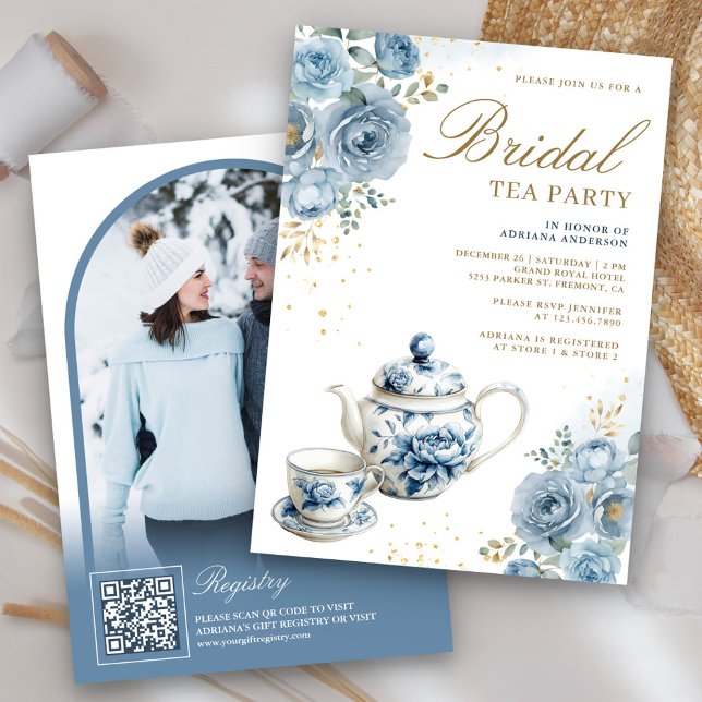 Convites Dusty Blue Floral Tea Party QR Code Chá de panela (Criador carregado)