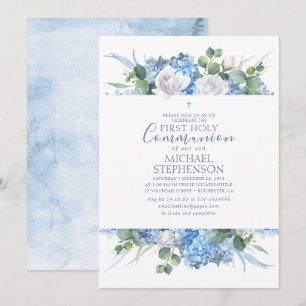 Convites Dusty Blue Floral Verde Moderna Sagrada COMUNICAÇ