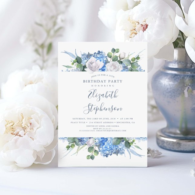 Convites Dusty Blue Floral Verde Moderno Aniversário (Dusty Blue Birthday Invitations)