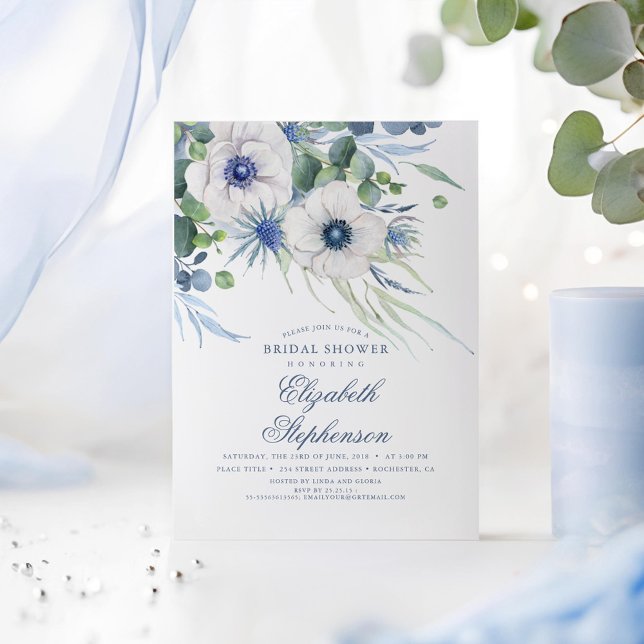 Convites Dusty Blue Floral Verde Moderno Chá de panela (Dusty Blue Romantic Bridal Shower Invitations)