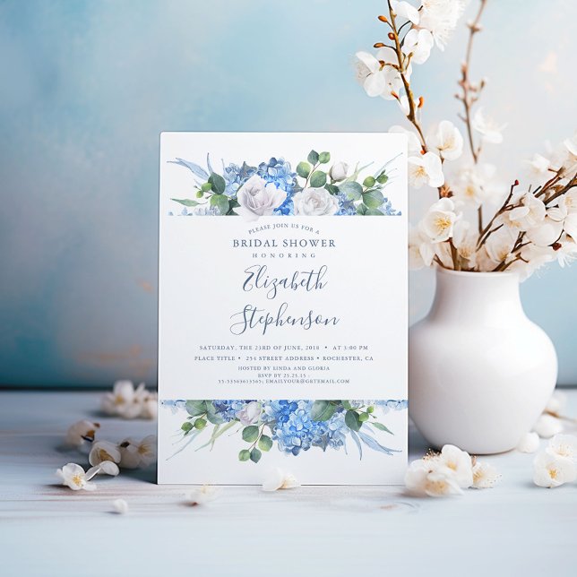 Convites Dusty Blue Floral Verde Moderno Chá de panela (Dusty Blue and White Flowers Bridal Shower Invitations)