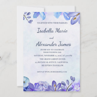 Convites Dusty Blue Floral Watercolor Frame Wedding Invitat