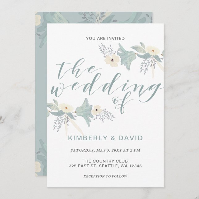 Convites Dusty Blue Floral Wedding (Frente/Verso)