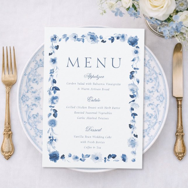 Convites Dusty Blue Floral Wedding Menu Card (Criador carregado)