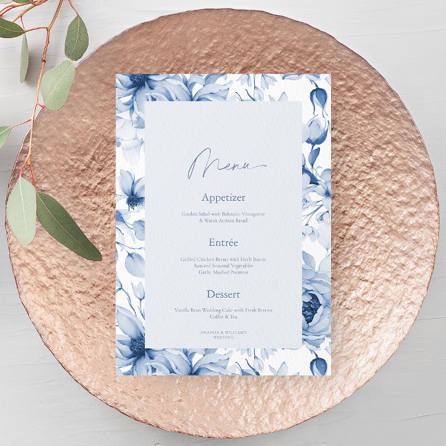 Convites Dusty Blue Floral Wedding Menu Card (Criador carregado)