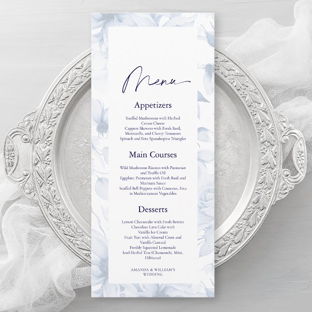 Convites Dusty Blue Floral Wedding Menu Card (Criador carregado)