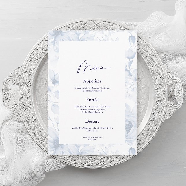 Convites Dusty Blue Floral Wedding Menu Card (Criador carregado)