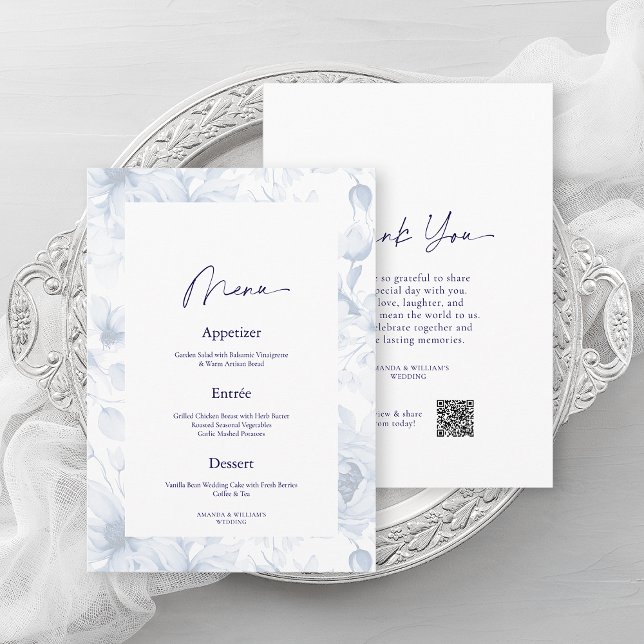 Convites Dusty Blue Floral Wedding Menu & Thank You Card (Criador carregado)