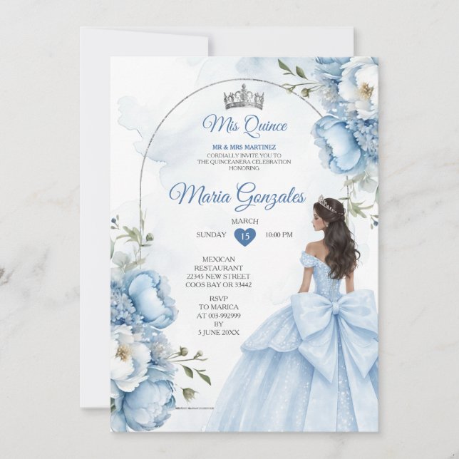 Convites Dusty Blue Floral XV Birthday Invite with Crown (Frente)