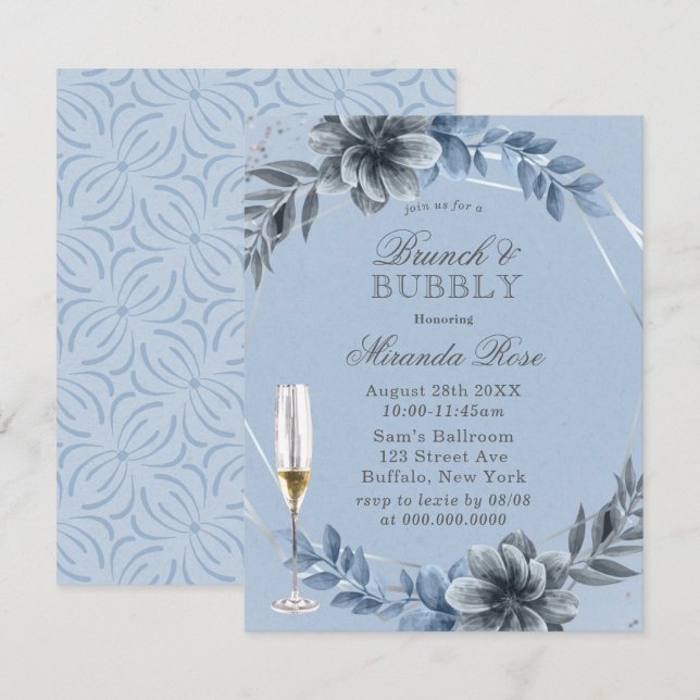 Convites Dusty Blue Florals Brunch e Bubbles Invite (Frente/Verso)