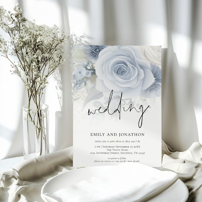 Convites Dusty Blue Florals Casamento Informal de Script (Criador carregado)