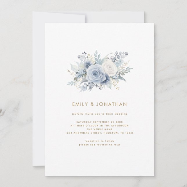 Convites Dusty Blue Florals Dourado Script QR Code Casament (Frente)