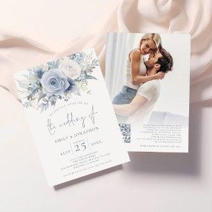 Convites Dusty Blue Florals Foto QR Código Azul Casamento