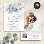 Convites Dusty Blue Florals Sobreposição de Foto Código QR<br><div class="desc">Casamento de Código QR de Sobreposição de Fotos de Florais Azul Dusty. Disponível digitalmente e impresso. Os florais elegantes azul-claro-claro-branco-esverdeados, descem do topo. O Casamento de está em um roteiro de estilo de escrita manual. Personalize facilmente o resto do texto para seus próprios detalhes. Substitua a imagem de exemplo no...</div>