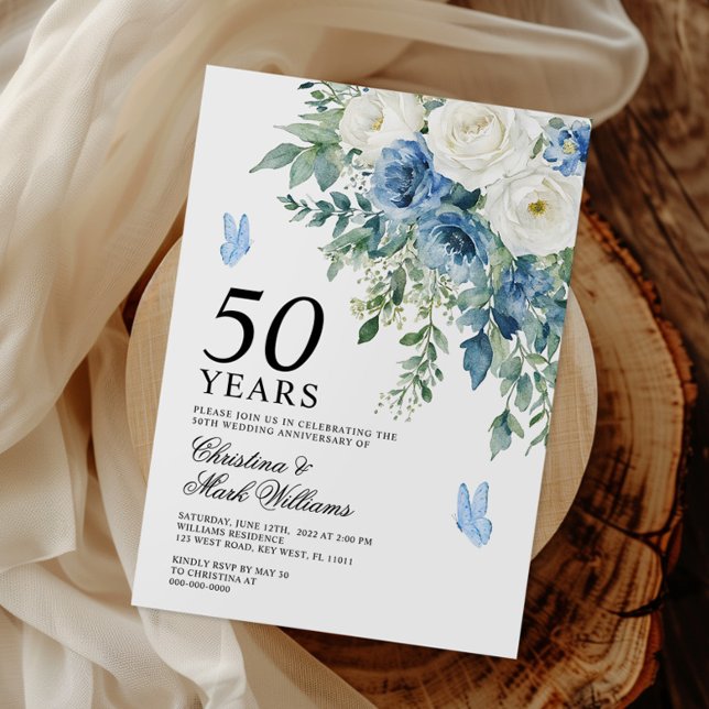 Convites Dusty Blue Flowers 50th Wedding Anniversary (Criador carregado)