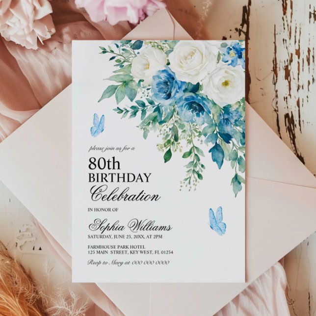 Convites Dusty Blue Flowers 80th Birthday (Criador carregado)