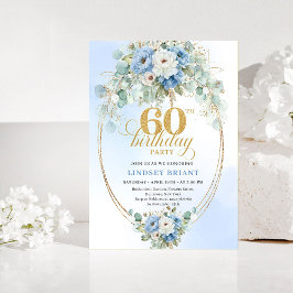 Convites Dusty Blue Flowers Gold 60th Birthday Invitation