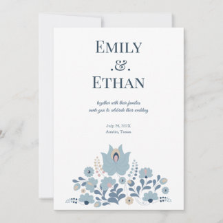 Convites Dusty Blue Folk Floral Wedding Invitation