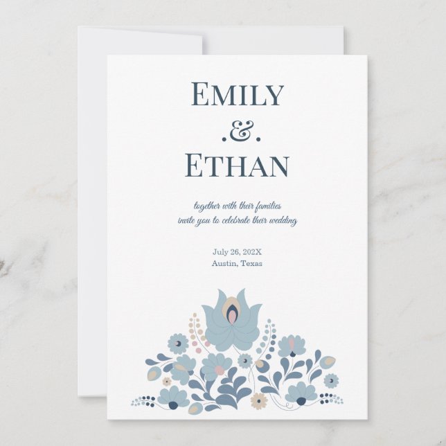 Convites Dusty Blue Folk Floral Wedding Invitation (Frente)