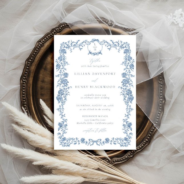 Convites Dusty Blue French Toile Floral Arco Frame Weds (dusty blue wedding invitation toile de jouy chinoiserie french vintage floral frame formal tradition)