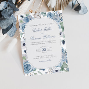 Convites Dusty Blue Garden Rosas Floral Elegante Casamento