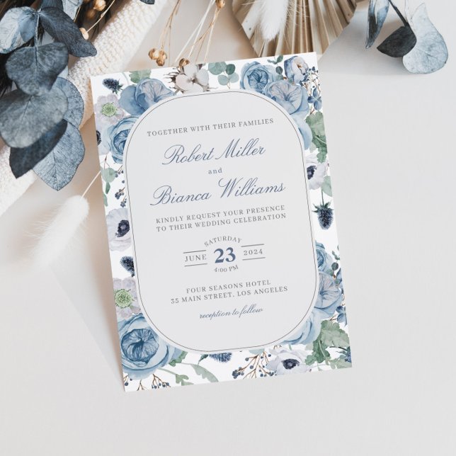 Convites Dusty Blue Garden Rosas Floral Elegante Casamento (Criador carregado)