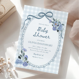Convites Dusty Blue Gingham Floral Vintage Boy Baby Shower