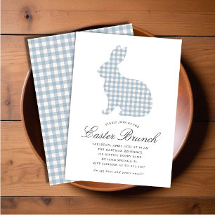Convites Dusty Blue Gingham Rabbit Páscoa Brunch